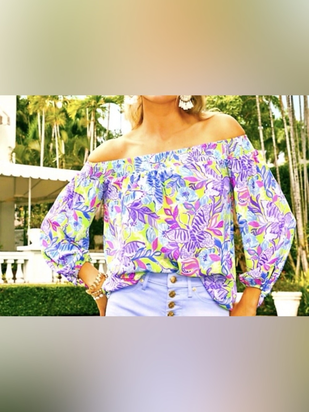 Lilly Pulitzer Maryellen Off The Shoulder Top Long Sleeve Dew Drop Stay XS